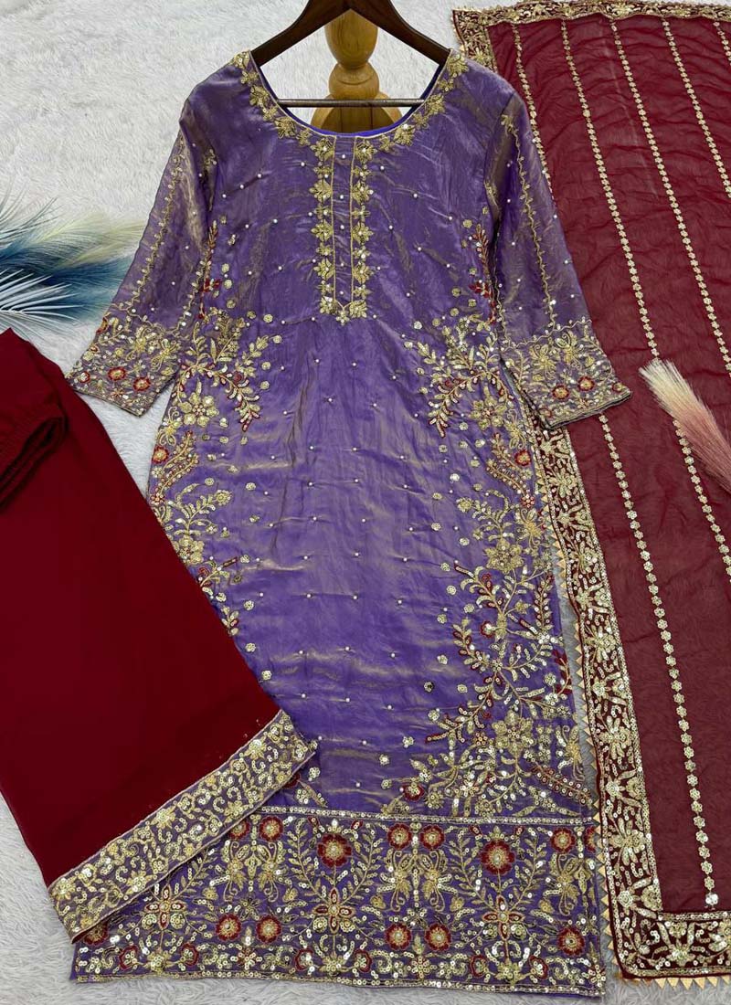 Prazu Fashion Lavender Silk Embroidered Plazzo Suit - Swadesiicart