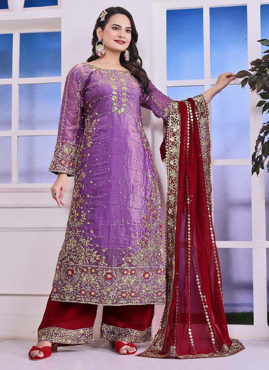 Prazu Fashion Lavender Silk Embroidered Plazzo Suit - Swadesiicart