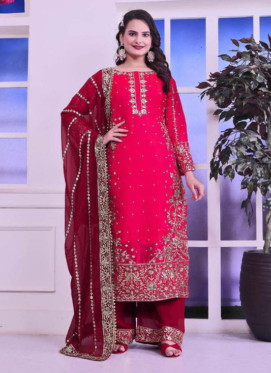 Prazu Fashion Red Silk Embroidered Palazzo Suit - Swadesiicart