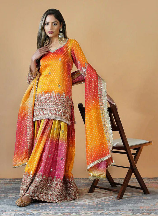 Prazu Fashion Yellow And Pink Chinon Silk Embroidered Palazzo Suit - Swadesiicart