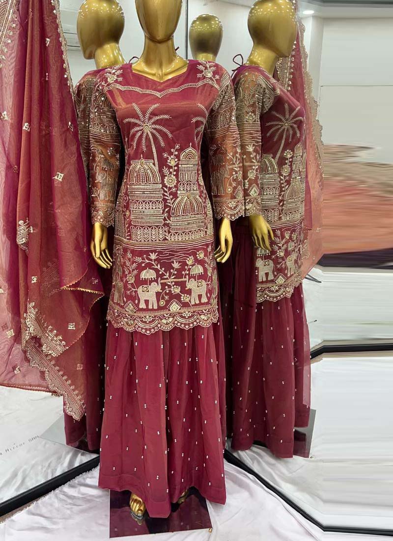 Prazu Fashion Gajri Organza Embroidered Palazzo Suit - Swadesiicart