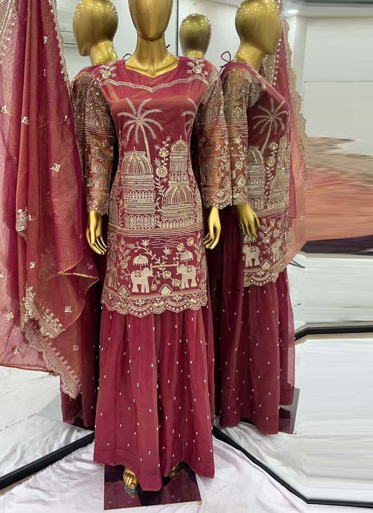 Prazu Fashion Gajri Organza Embroidered Palazzo Suit - Swadesiicart