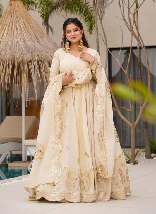 Prazu Fashion Off White Chinon Silk Sequence Anarkali Suit - Swadesiicart