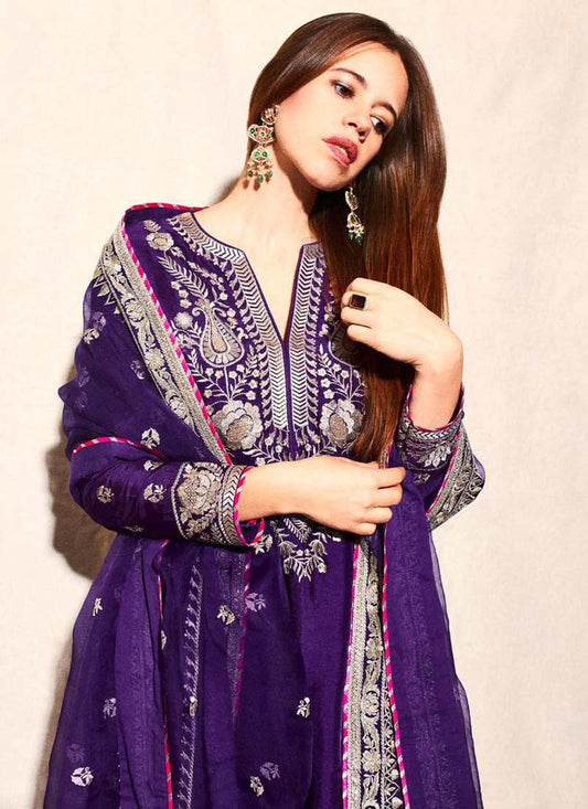 Prazu Fashion Violet Blue Chinon Silk Embroidered Palazzo Suit - Swadesiicart