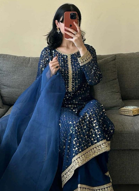 Prazu Fashion Blue Georgette Thread Sequence Palazzo Suit - Swadesiicart