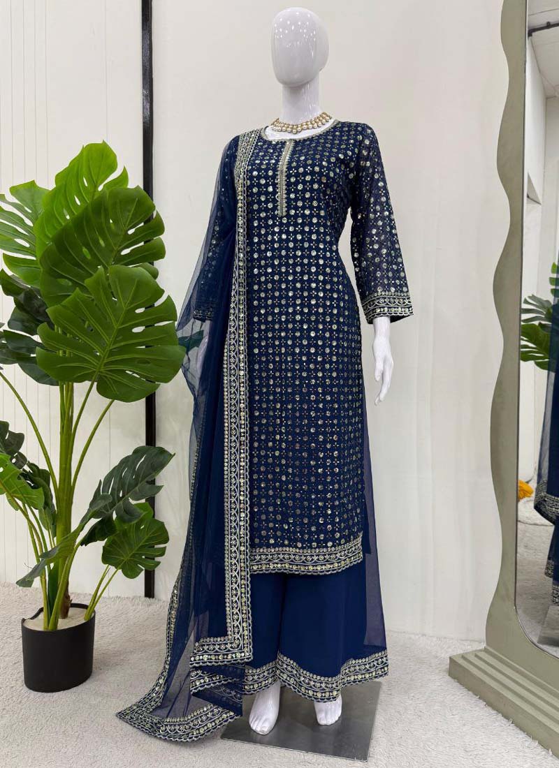 Prazu Fashion Blue Georgette Thread Sequence Palazzo Suit - Swadesiicart