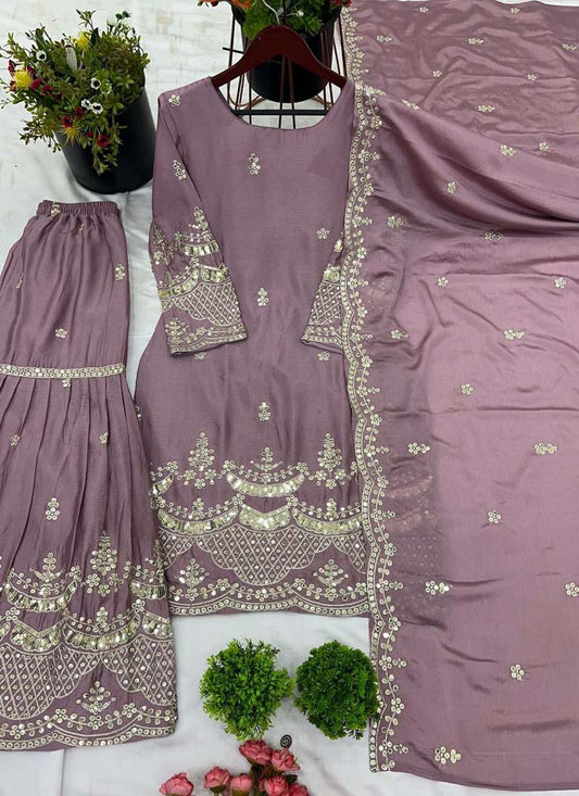 Prazu Fashion Onion Pink Chinon Silk Embroidered Plazzo Suit - Swadesiicart