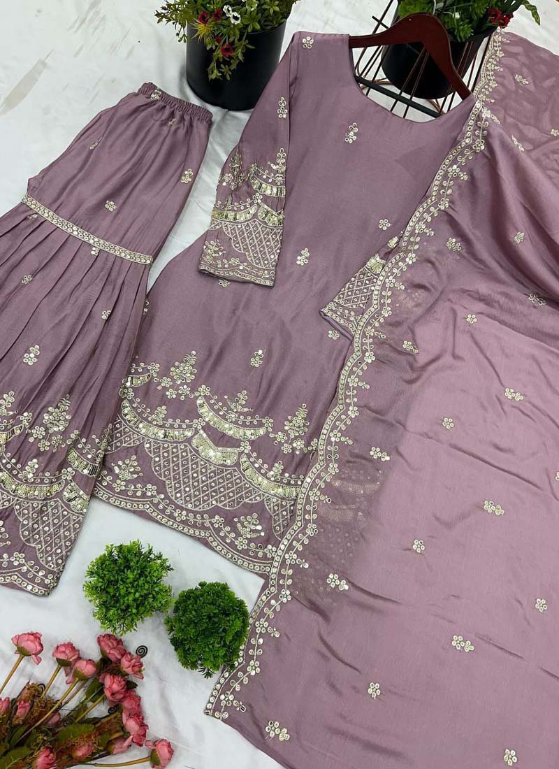 Prazu Fashion Onion Pink Chinon Silk Embroidered Plazzo Suit - Swadesiicart