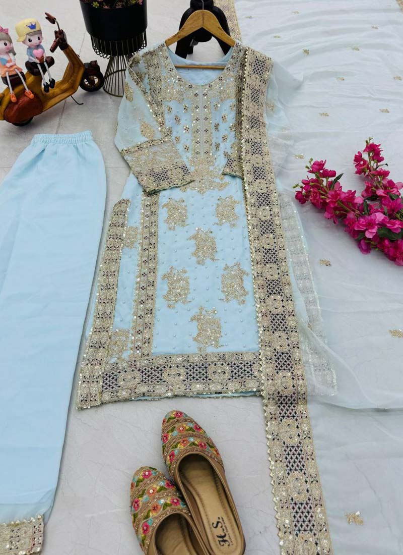 Prazu Fashion Sky Blue Georgette Embroidered Palazzo Suit - Swadesiicart