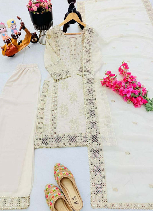 Prazu Fashion Off White Georgette Embroidered Palazzo Suit - Swadesiicart
