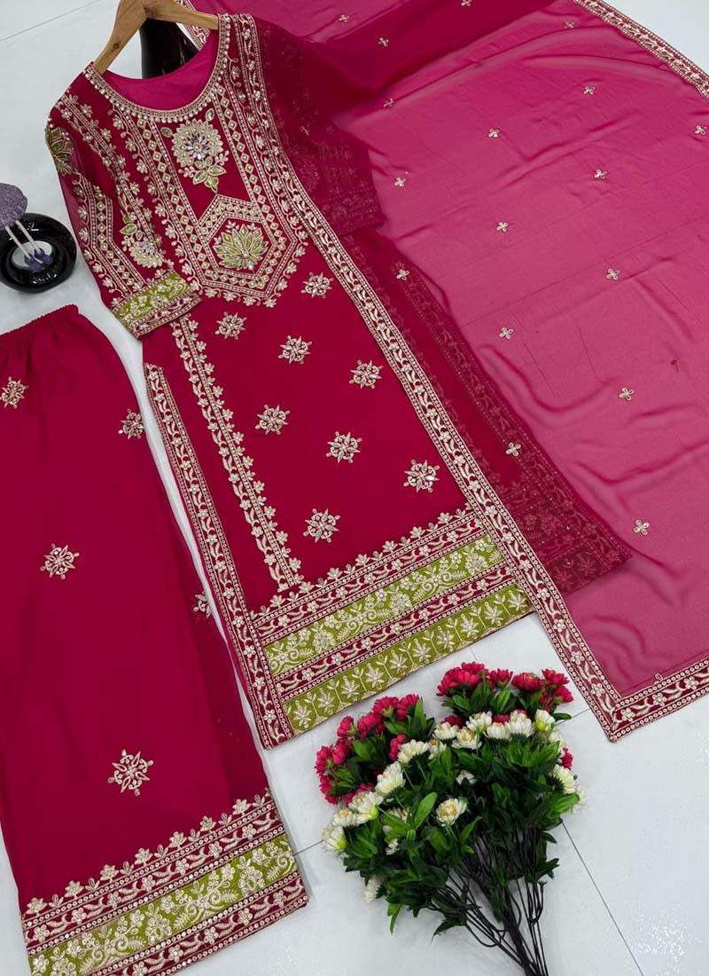 Prazu Fashion Pink Georgette Embroidered Palazzo Suit - Swadesiicart