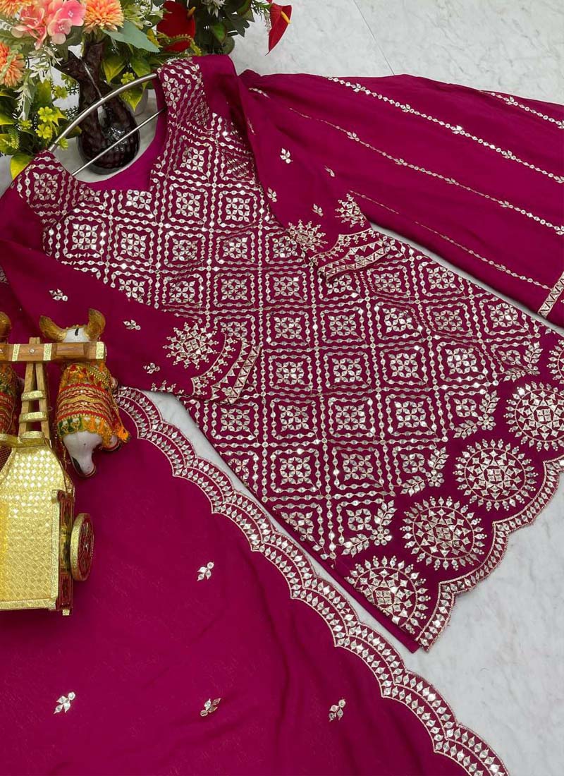 Prazu Fashion Pink Chinon Silk Thread Work Palazzo Suit - Swadesiicart