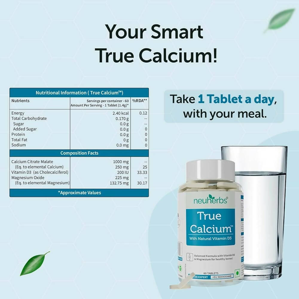 Neuherbs True Calcium 1000mg With Natural Vitamin D3 Tablets - Swadesiicart
