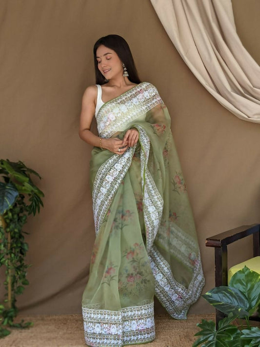 Vamsee White Border Green Organza Saree - Swadesiicart