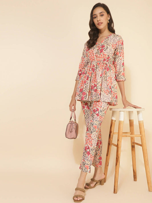 Janasya Women's Multicolor Moss Floral Printed Casual Flared Co-ords - Swadesiicart