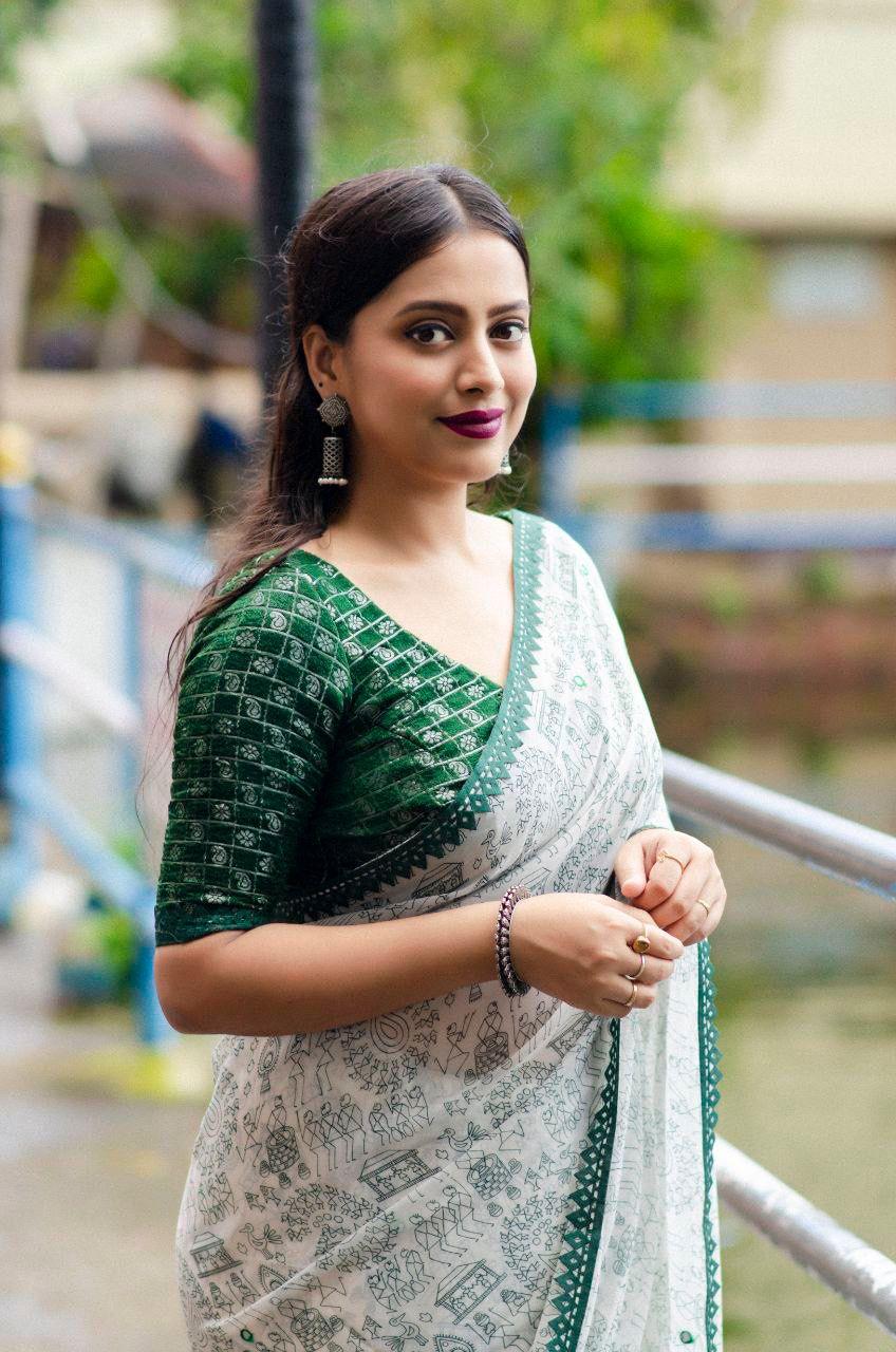 Green Pure Georgette Warli Saree with Unstitched Blouse - Hiral Fashion | Swadesiicart