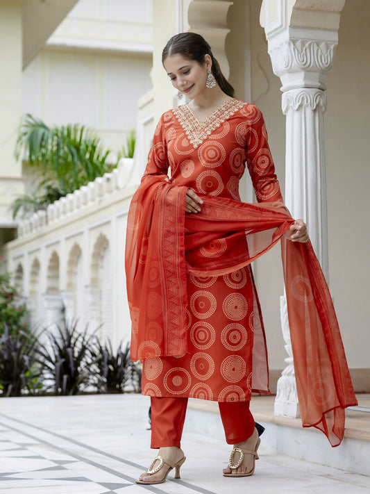 The52 Orange Women's Gorgeous Rayon Embroidered Straight Kurta with Pant And Dupatta Set - Swadesiicart