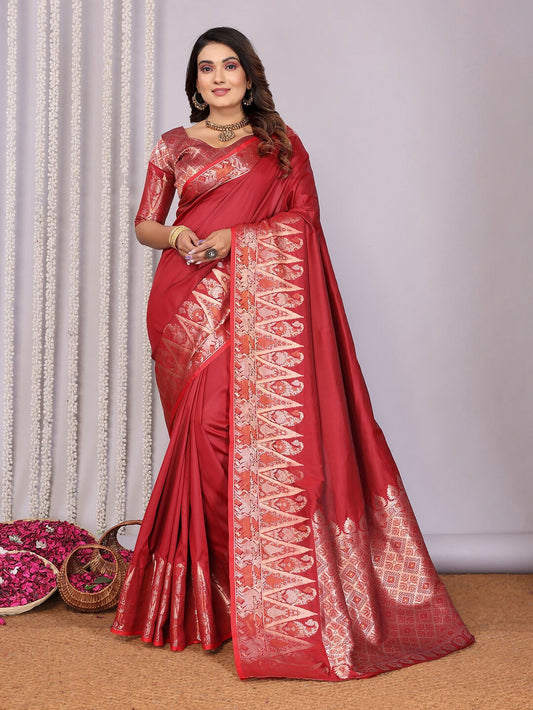 Joban Fashion Banarasi Red Jacquard WovenSoft Silk Saree | Swadesiicart