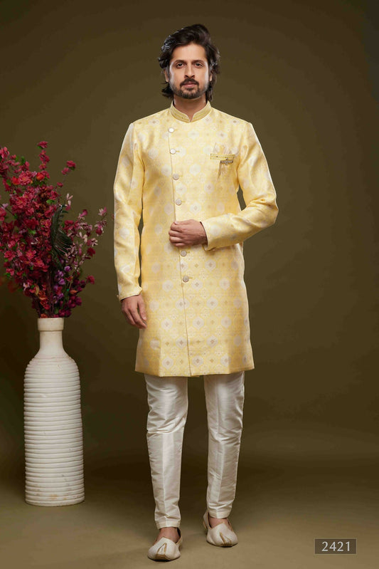 Raivat Ethnic Banarasi Jacquard Embroidery Semi Indo Western Sherwani In Yellow Colour | Swadesiicart