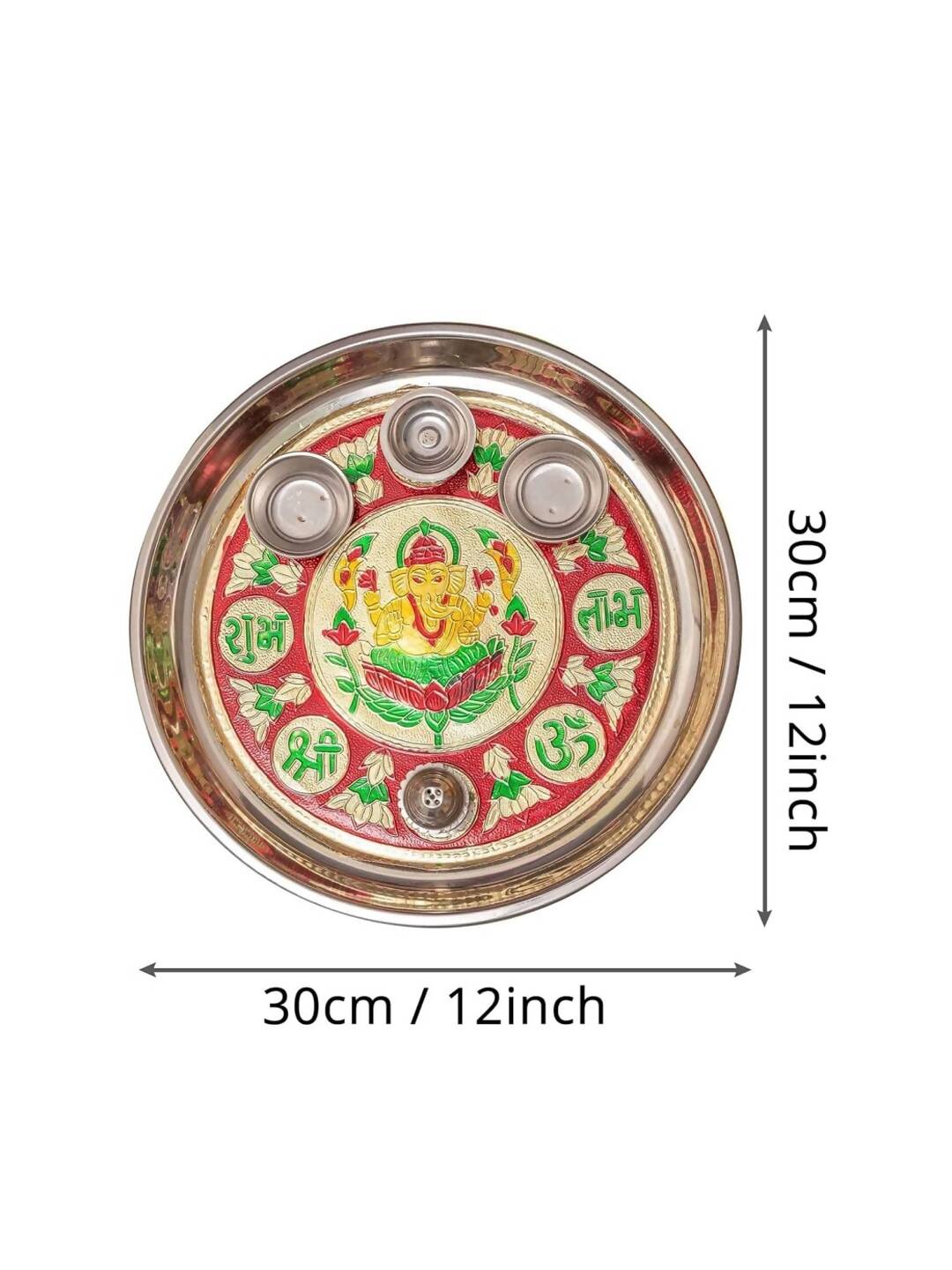 Tied Ribbons Red & Green Printed Pooja Thali With Attached Incense Diya Tilak Holder | Swadesiicart