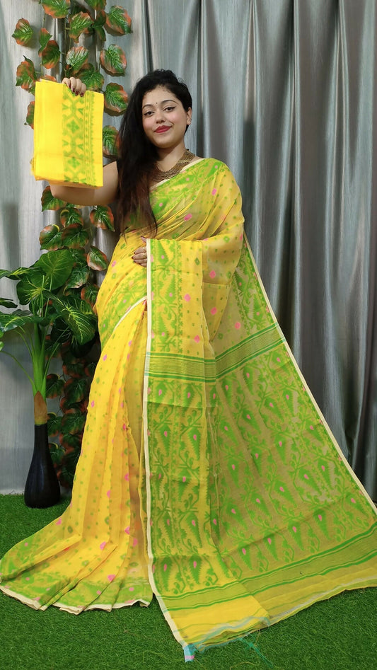 Exclusive Collection Yellow Beautiful Jamdani Collection Saree - Swadesiicart