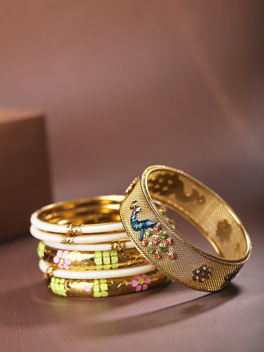 Priyaasi Women Set Of 7 Gold-Polished Peacock Inspired Meenakari Bangles - Noz2Toz
