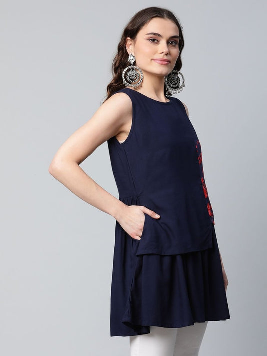 Ahalyaa Women Navy Blue Rayon Printed Tunic | Swadesiicart