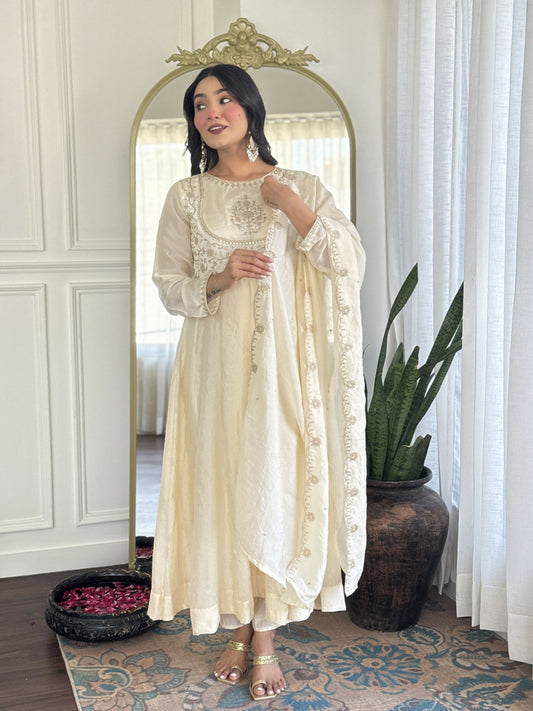 The52 CreamWomen's Gorgeous Embroidered Vichitra Silk Fabric Flared Kurta Pant with Dupatta Set - Swadesiicart