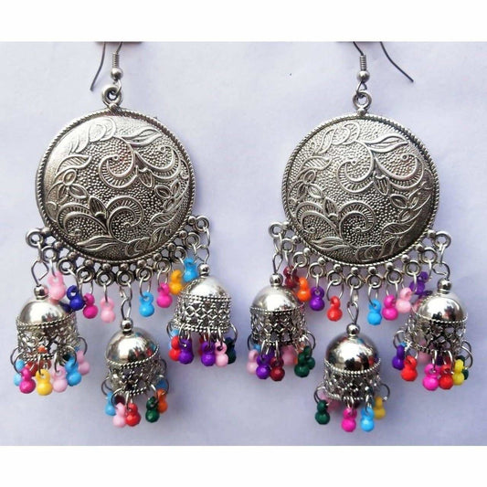 MS Fashion India Muskan Fancy Glass Pearl Silver Tone Chandbali Jhumka Round Earrings | Swadesiicart