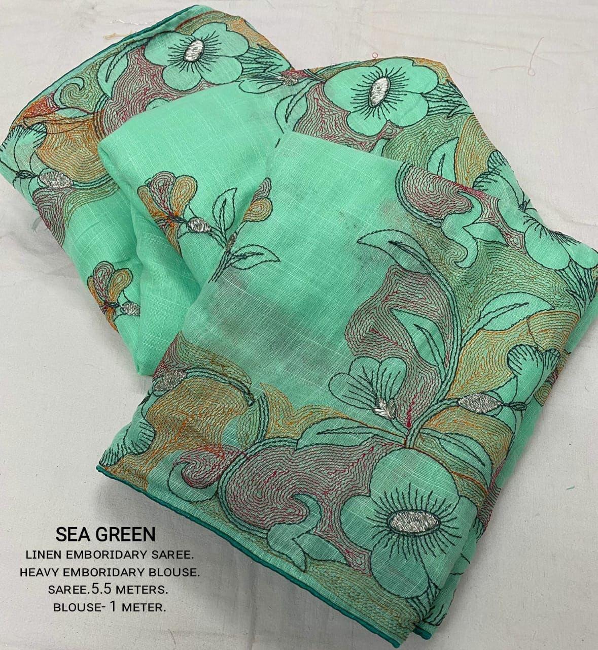 SeaGreen Pure Linen Ethnic Motifs Saree with Unstitched Blouse - Hiral Fashion | Swadesiicart