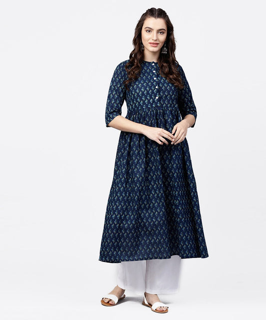 NOZ2TOZ Blue Printed Gathered A-Line Kurta With White Palazzo | Swadesiicart