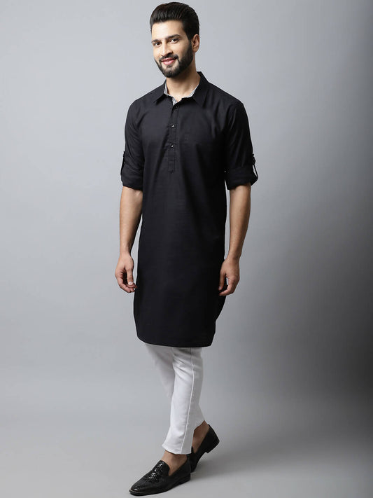 Even Apparels Black Color Linen Solid Men's Kurta With Shirt Collar (LN761) | Swadesiicart