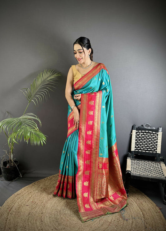 Joban Fashion Sea Green Banarasi Soft Silk Woven Butti Saree | Swadesiicart
