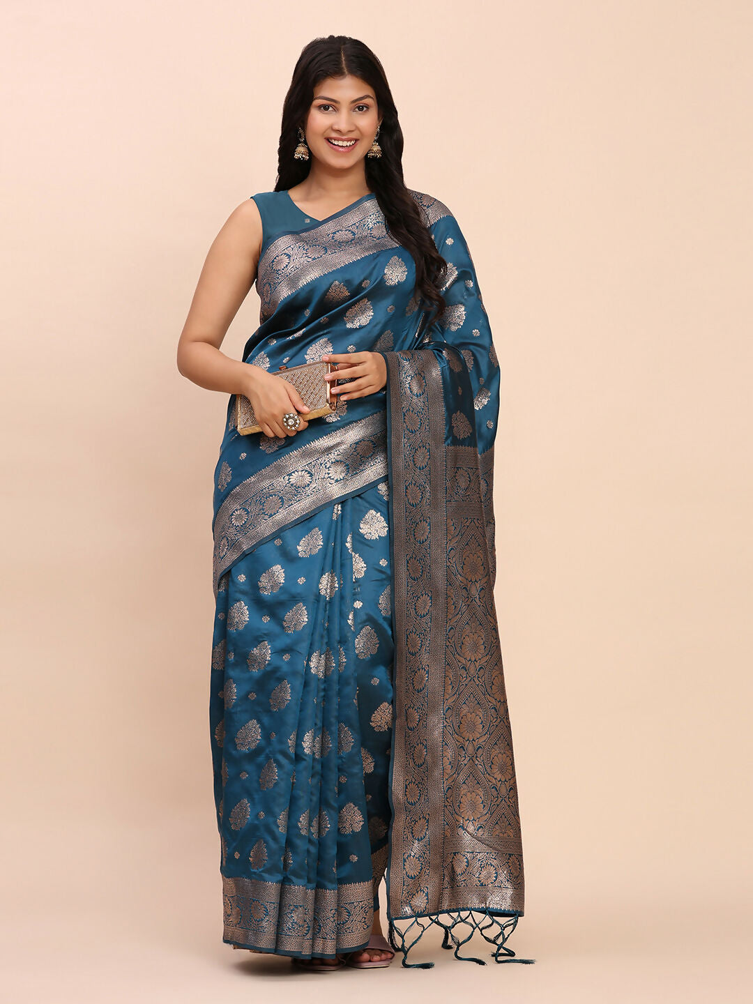 Astita Banarasi Silk Teal Blue Saree | Swadesiicart