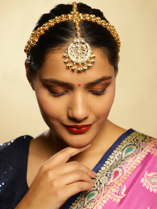 Gold-Polished White Kundan-Studded Pearl Beaded Matha Patti - Ruby Raang | Swadesiicart