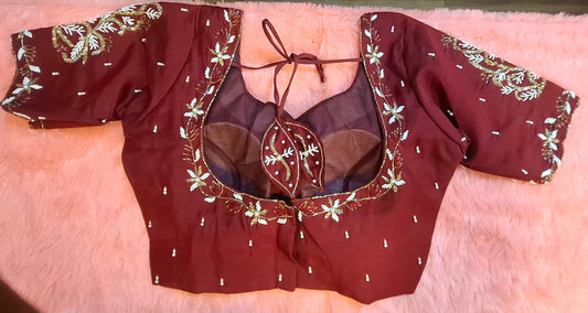 Kia Fashions Maroon Cotton Silk Hand Embroidered Readymade Blouse - Swadesiicart