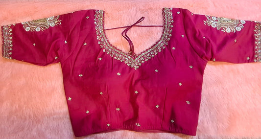 Kia Fashions Hot Pink Cotton Silk Hand Embroidered Readymade Blouse - Swadesiicart