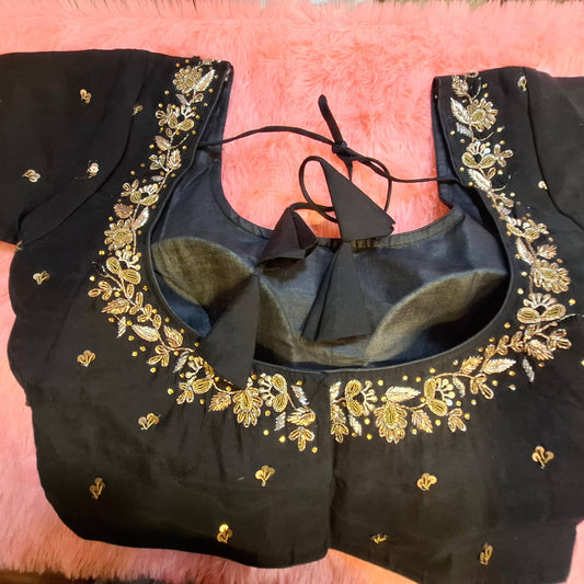 Kia Fashions Black Cotton Silk Hand Embroidered Readymade Blouse - Swadesiicart