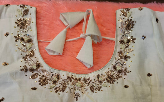 Kia Fashions Off-White Cotton Silk Hand Embroidered Readymade Blouse - Swadesiicart