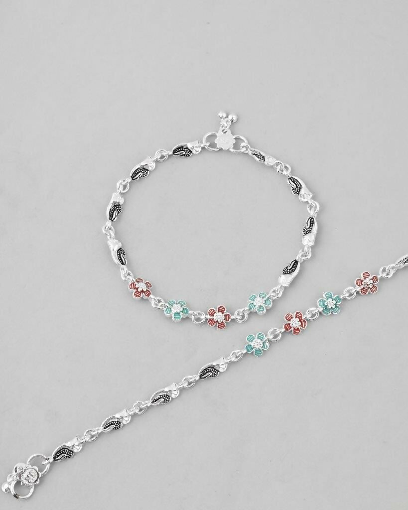 VOJ Set of 2 Stone Studded Mutli Color Flower Shaped Anklet - Swadesiicart
