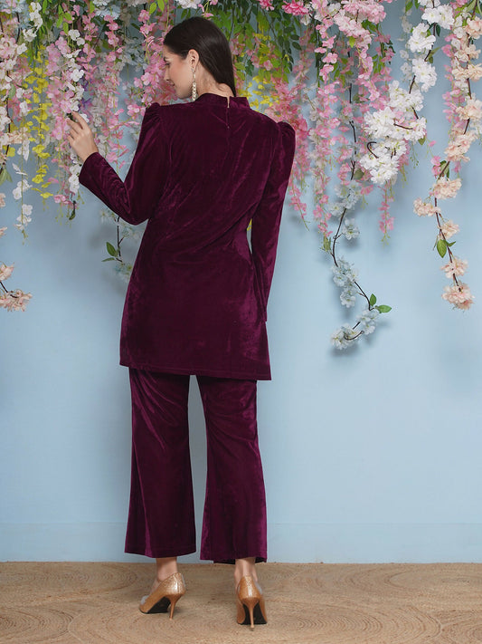 Joban Fashion Wine Velvet Hand Embellished Coord Set - Swadesiicart