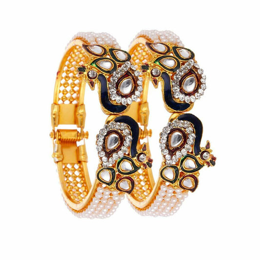 Gold-Polished Alloy Peacock Shape Enamel And Pearl Bangle Set - The Pari - The Pari - Dinesh Associates