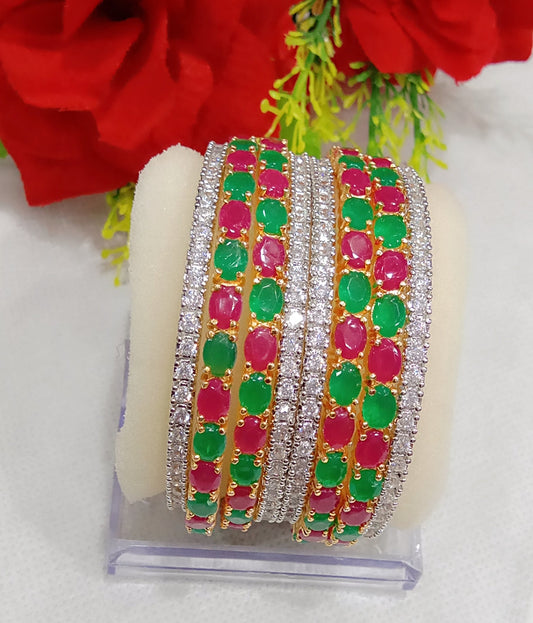 Gold-Polished Alloy Designer Red Green Combo Of Ad Bangles - The Pari - The Pari - Dinesh Associates