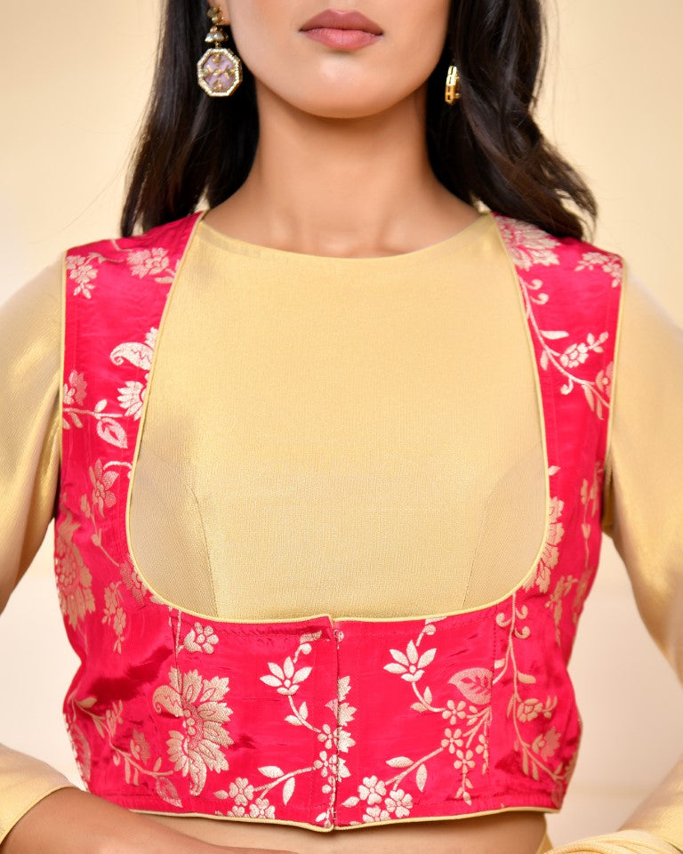 Amodini Designer Studio Pink Banarsi Jacket With Golden Blouse - Swadesiicart