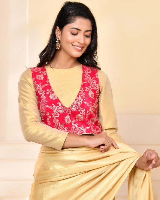 Amodini Designer Studio Pink Banarsi Jacket With Golden Blouse - Swadesiicart