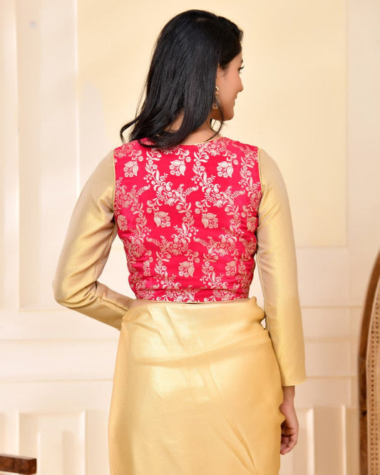 Amodini Designer Studio Pink Banarsi Jacket With Golden Blouse - Swadesiicart
