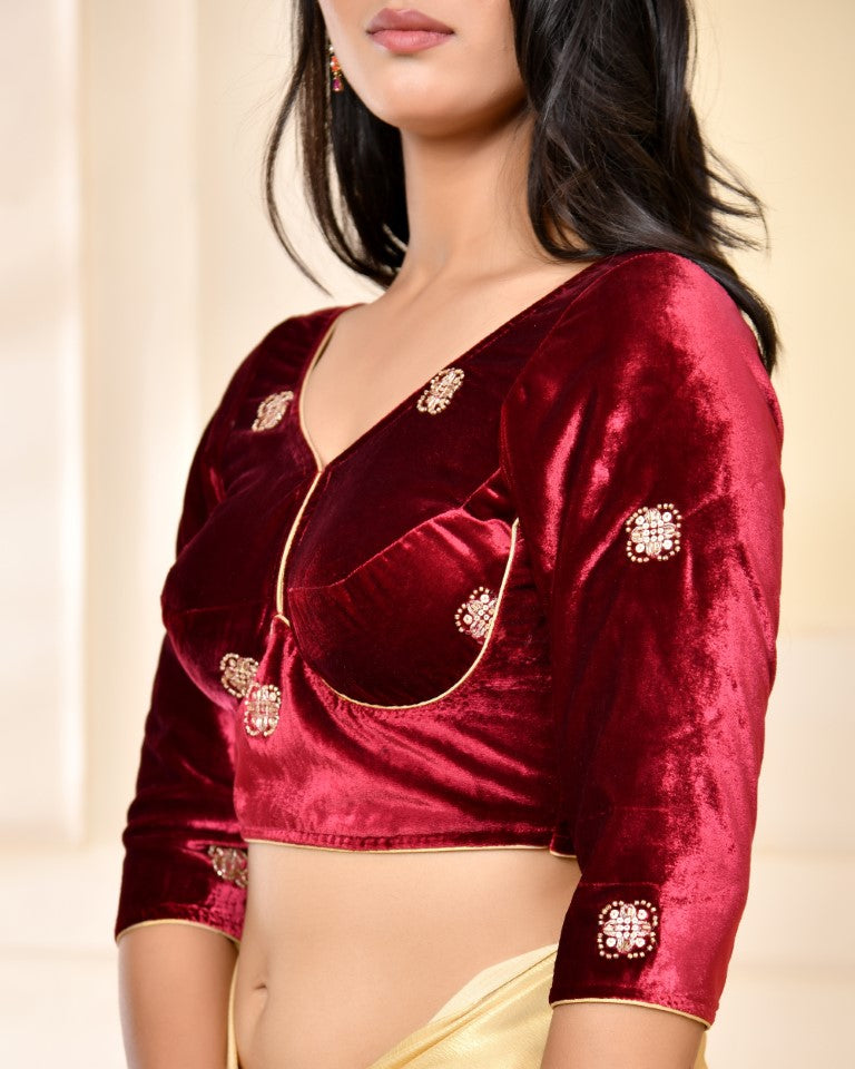 Amodini Designer Studio Marroon Embellished Velvet Blouse - Swadesiicart