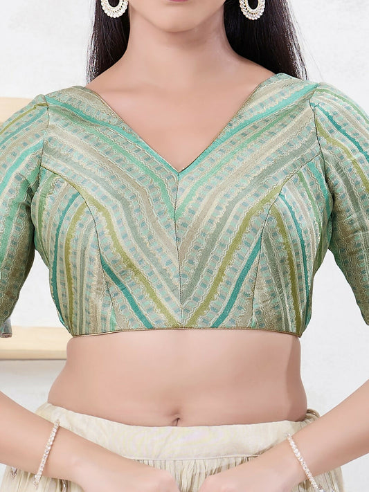 Joban Fashion Pista-Green Jacquard Elbow Sleeveless Back Open Blouse - Swadesiicart
