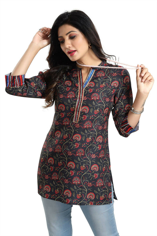 Snehal Creations Blissful Black Rayon Short Kurti Tunic Top - Distacart