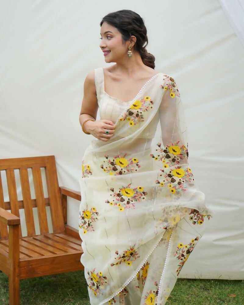 Vamsee Anamika Yellow (Anvika) Organza Silk Saree - Swadesiicart